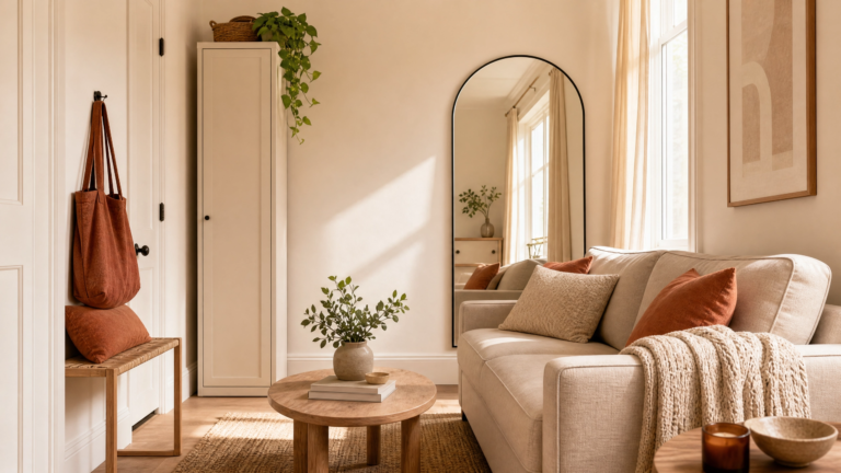 Small apartment living room with mirror, light colors, clear walkway, and storage ideas to make a small space look bigger