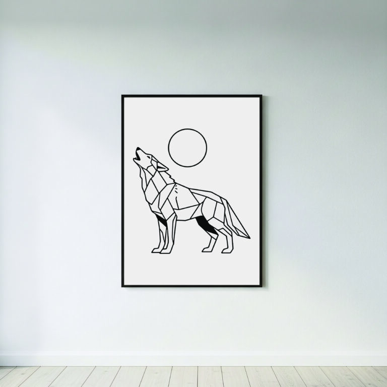 Howling Wolf with Moon – Geometric Minimalist Wall Art