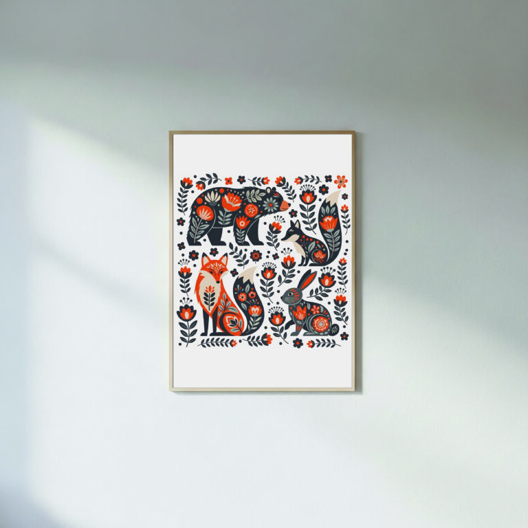 Scandi Animal Quartet – Bear, Fox, Wolf & Rabbit | Floral Folk Silhouettes