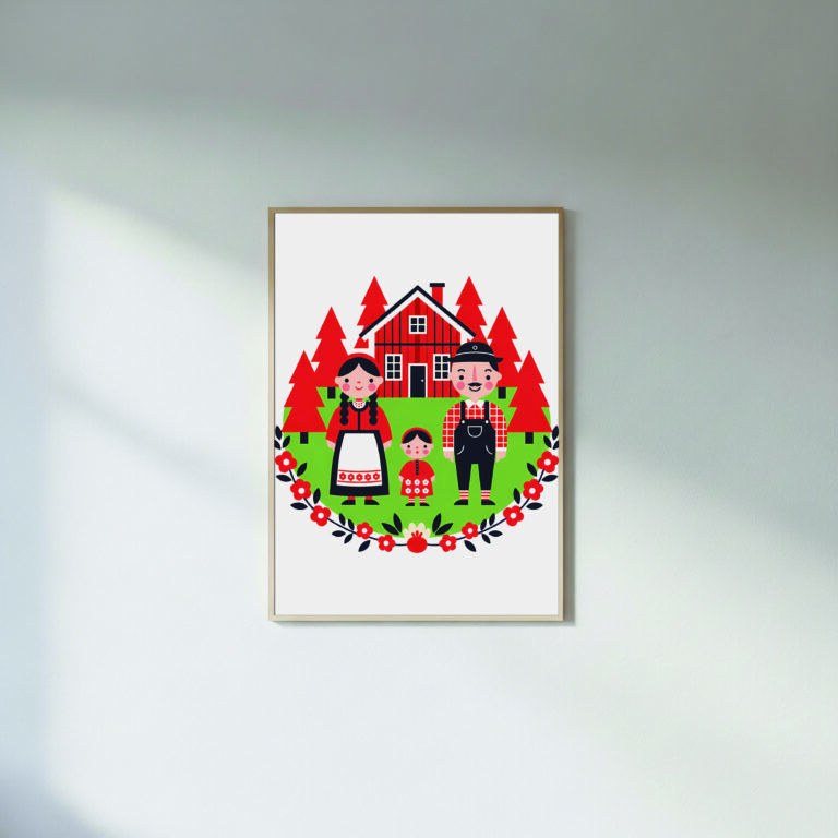 Scandi Family – Multicolor Folk Scene | Scandinavian Wall Art
