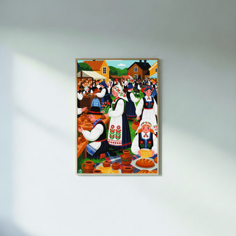 Scandi Market Scene – Cheese, Pastries, Pottery & Folk Clothing | Nordic Kids Wall Art