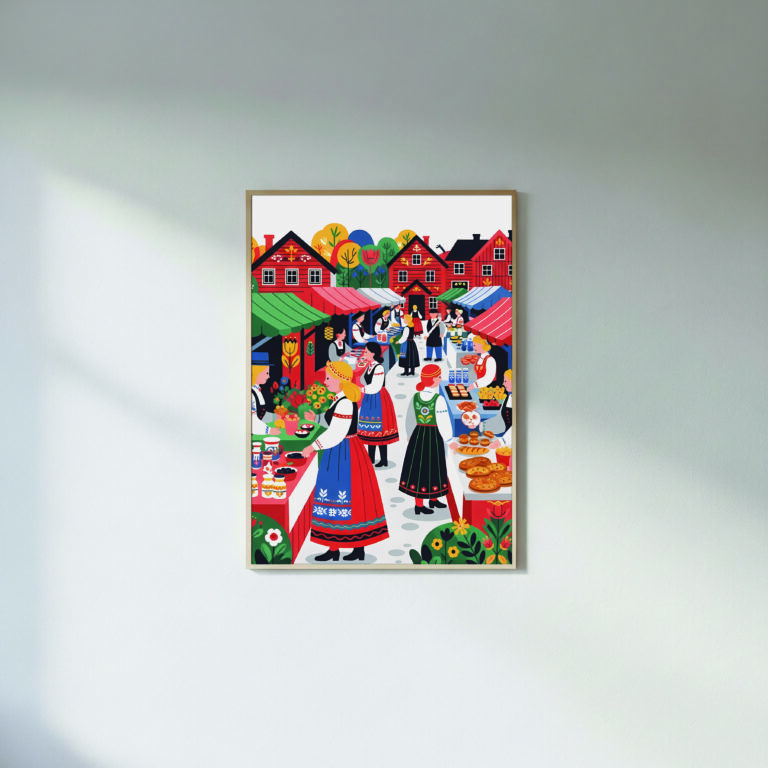 Scandi Market – Bread, Flowers & Village Scene | Scandinavian Wall Art