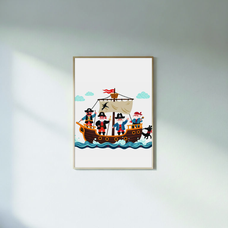 Scandi Pirate Adventure – Whimsical Boat Scene | Nordic Kids Wall Art