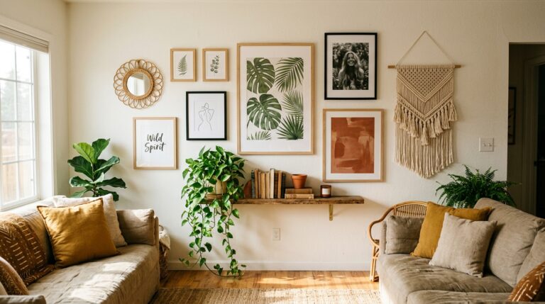 boho gallery wall ideas 2026 step by step layout with mixed frames and botanical prints