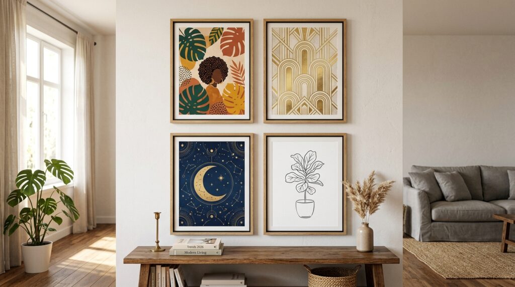 digital wall art styles 2026 afrohemian boho neo deco celestial and scandi prints