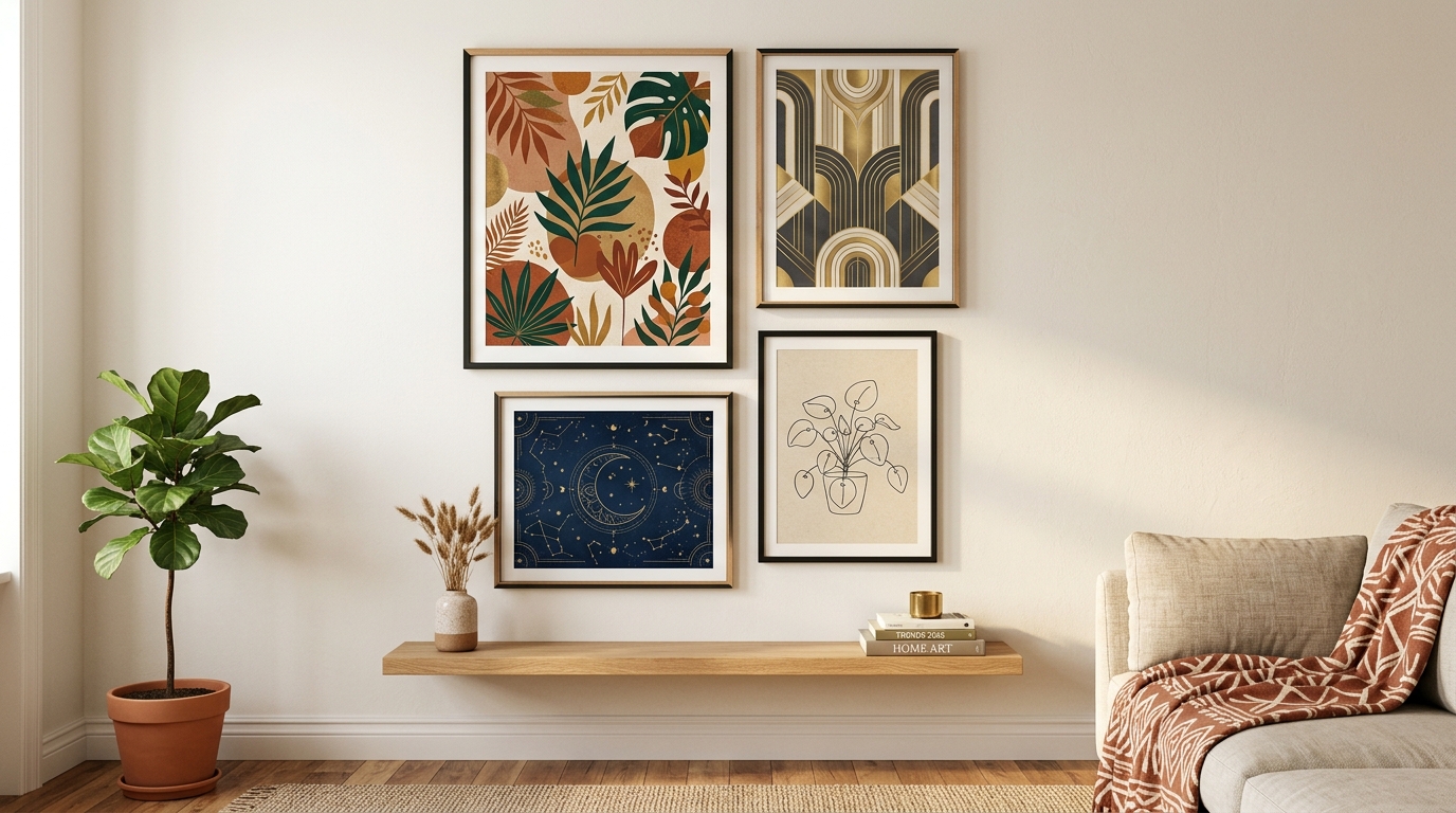digital wall art styles 2026 afrohemian boho neo deco celestial and scandi prints for renters