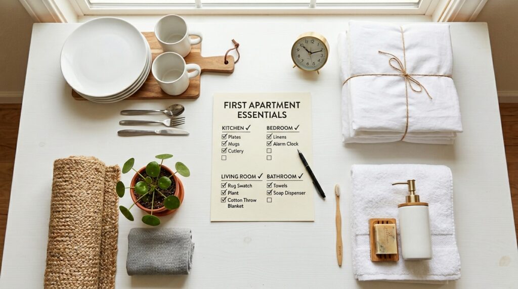 first apartment move in checklist essentials by room kitchen bedroom living room bathroom