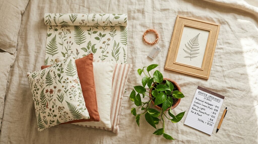 renter friendly bedroom refresh essentials flatlay budget under 150 dollars 2026