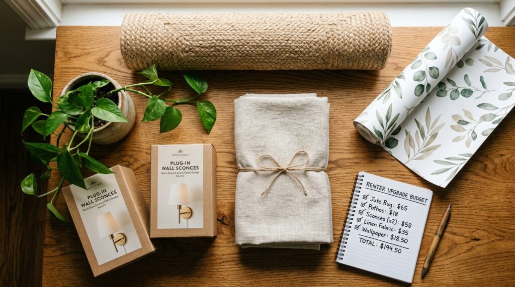 renter living room makeover budget under 200 dollars essentials flatlay