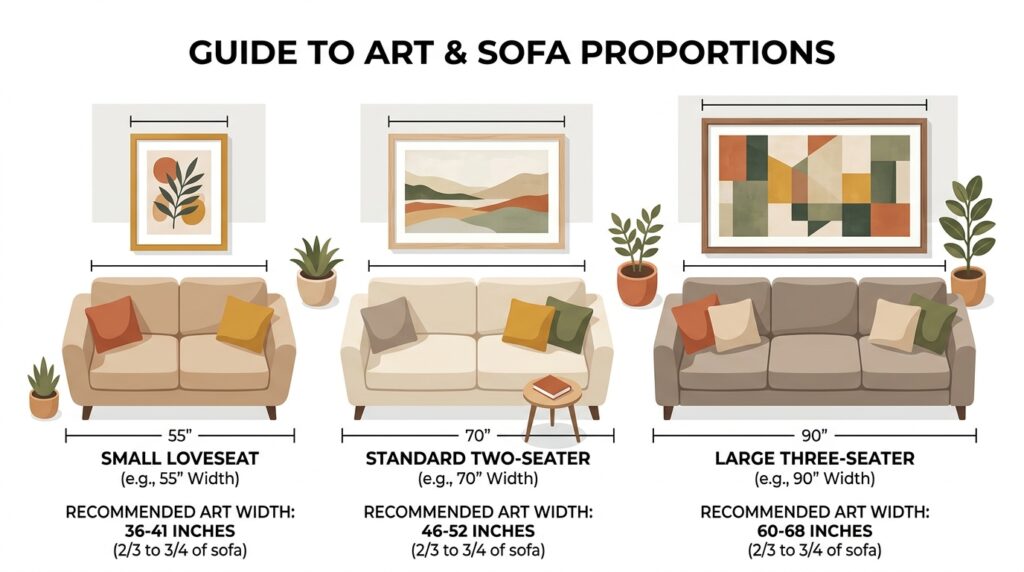 wall art size guide for sofa correct proportions small medium large apartment 2026