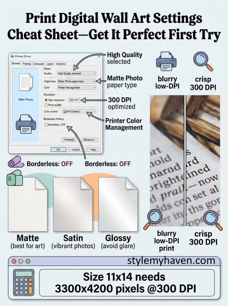 print digital wall art settings dpi paper cheat sheet