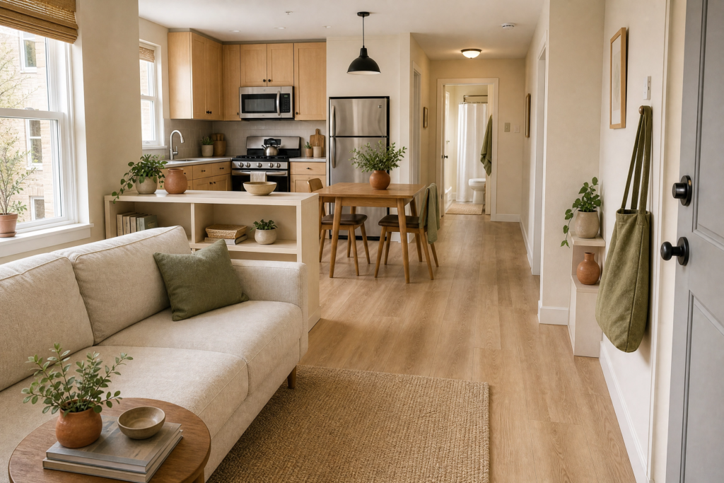 Compact open-plan apartment with sofa, dining table, low shelf, and a clear route from the entry to the kitchen and bathroom