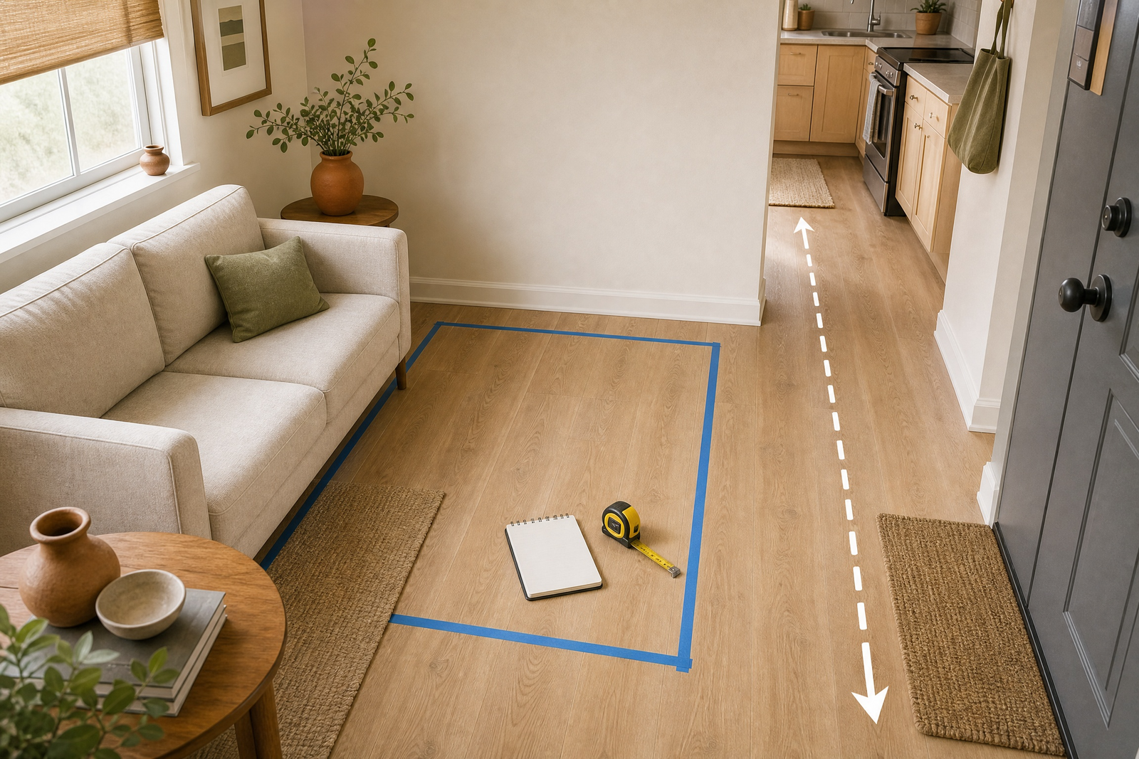 First apartment furniture layout showing a small apartment living room with a taped sofa footprint, measuring tape, blank notebook, and clear route to the kitchen