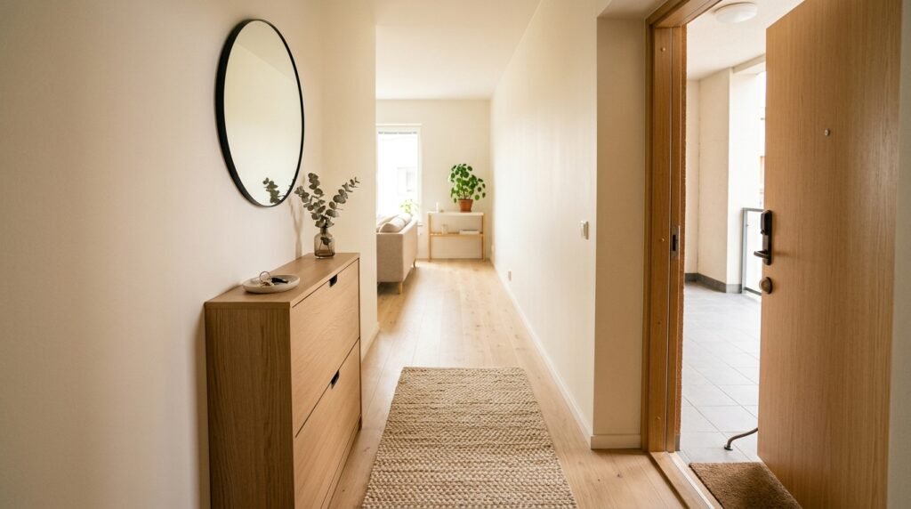 Narrow entryway ideas for small apartments with a shallow shoe cabinet, wall mirror, key tray, and clear path to the front door.