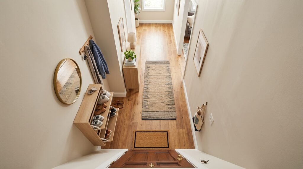 Overhead view of a narrow entryway with a front-door swing, a shallow cabinet footprint, and a clear route into the apartment.