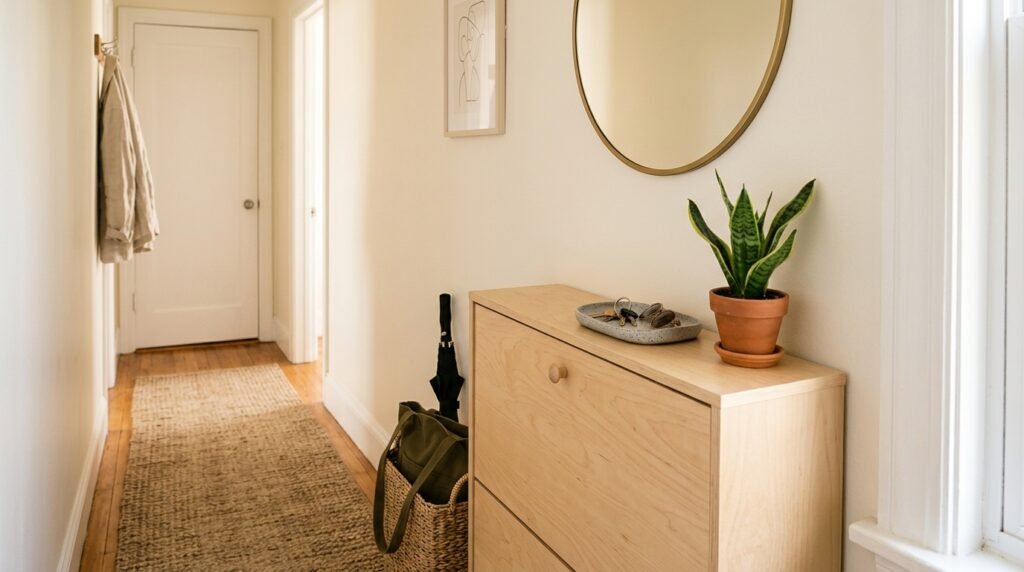 Shallow entryway shoe cabinet with a small tray for keys and a basket for bags in a compact rental hallway.