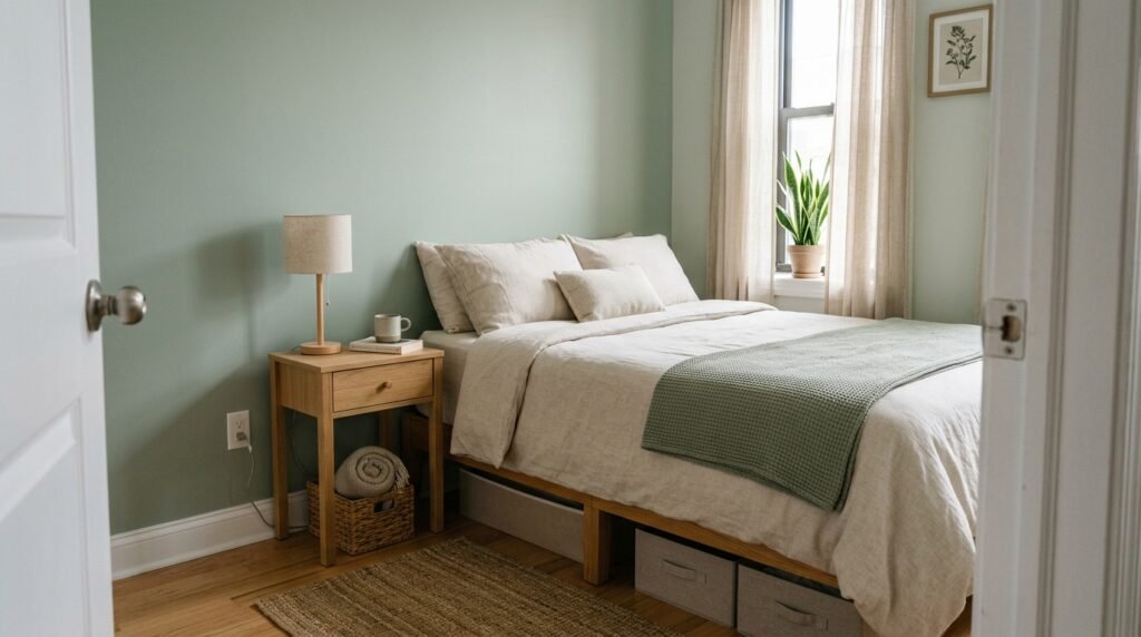 Small bedroom storage ideas in a calm renter bedroom with a slim nightstand, concealed under-bed storage, and a clear walking path.
