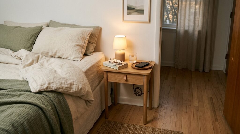 p002.webp
Slim bedside table in a small apartment bedroom with a lamp, book, water glass, drawer, and tray for daily essentials.