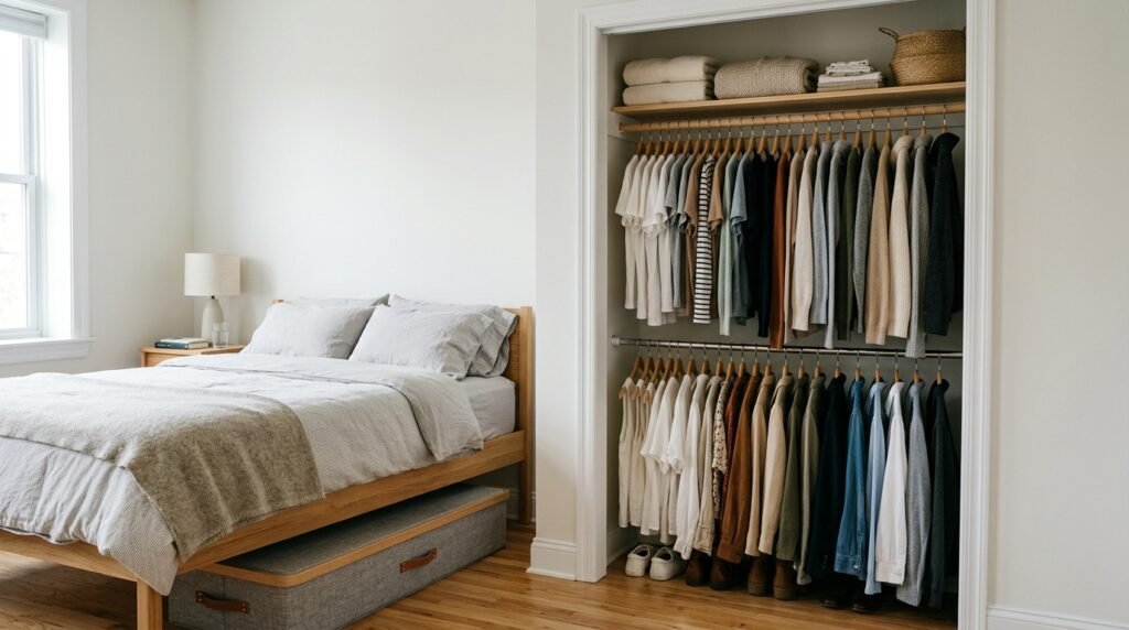 Compact bedroom closet with a second tension rod, coordinated hangers, folded linens, and an accessible lidded under-bed box.