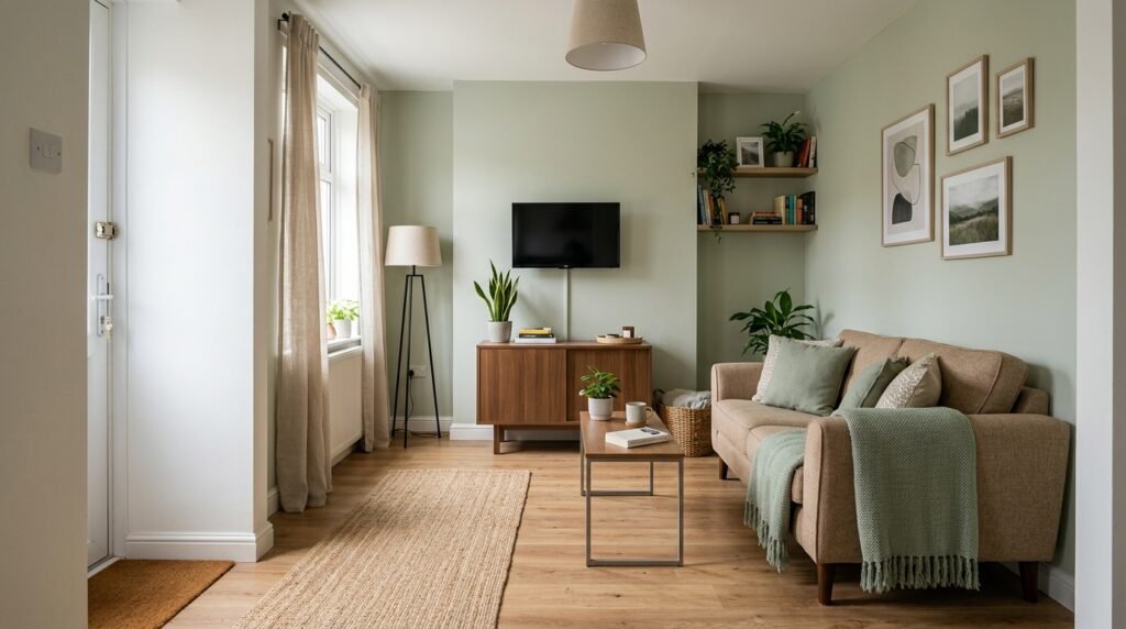 Small living room layout ideas shown in a compact apartment with a sofa, slim coffee table, wall-mounted TV, low closed cabinet, and a clear route from the doorway.