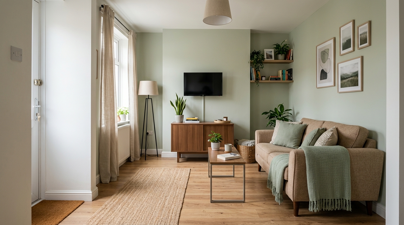 Small living room layout ideas shown in a compact apartment with a sofa, slim coffee table, wall-mounted TV, low closed cabinet, and a clear route from the doorway.