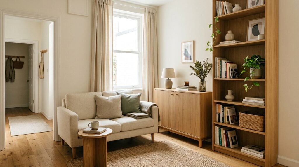 Small living room with a tall narrow bookcase, low closed cabinet, compact sofa, and open floor space around the main walkway.