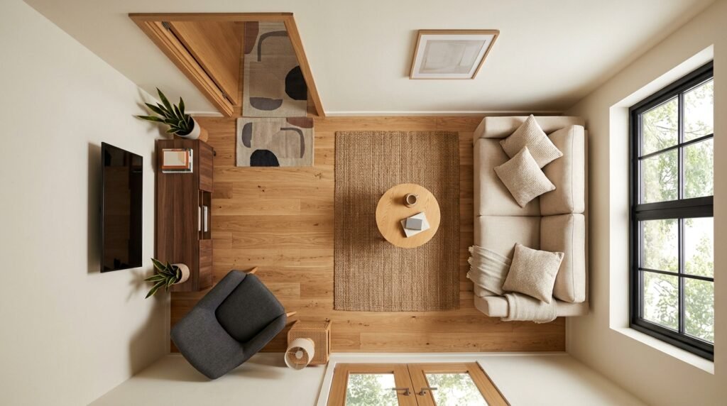 Top-down small living room layout with a compact sofa, TV wall, coffee table, chair, low storage, and an unobstructed path from the door.